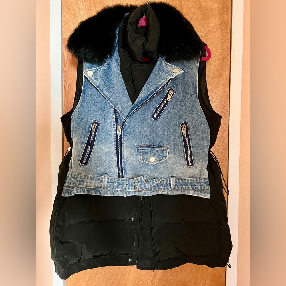 NEW! Denim puffer vest, real fur, fits S, M, L and XL
